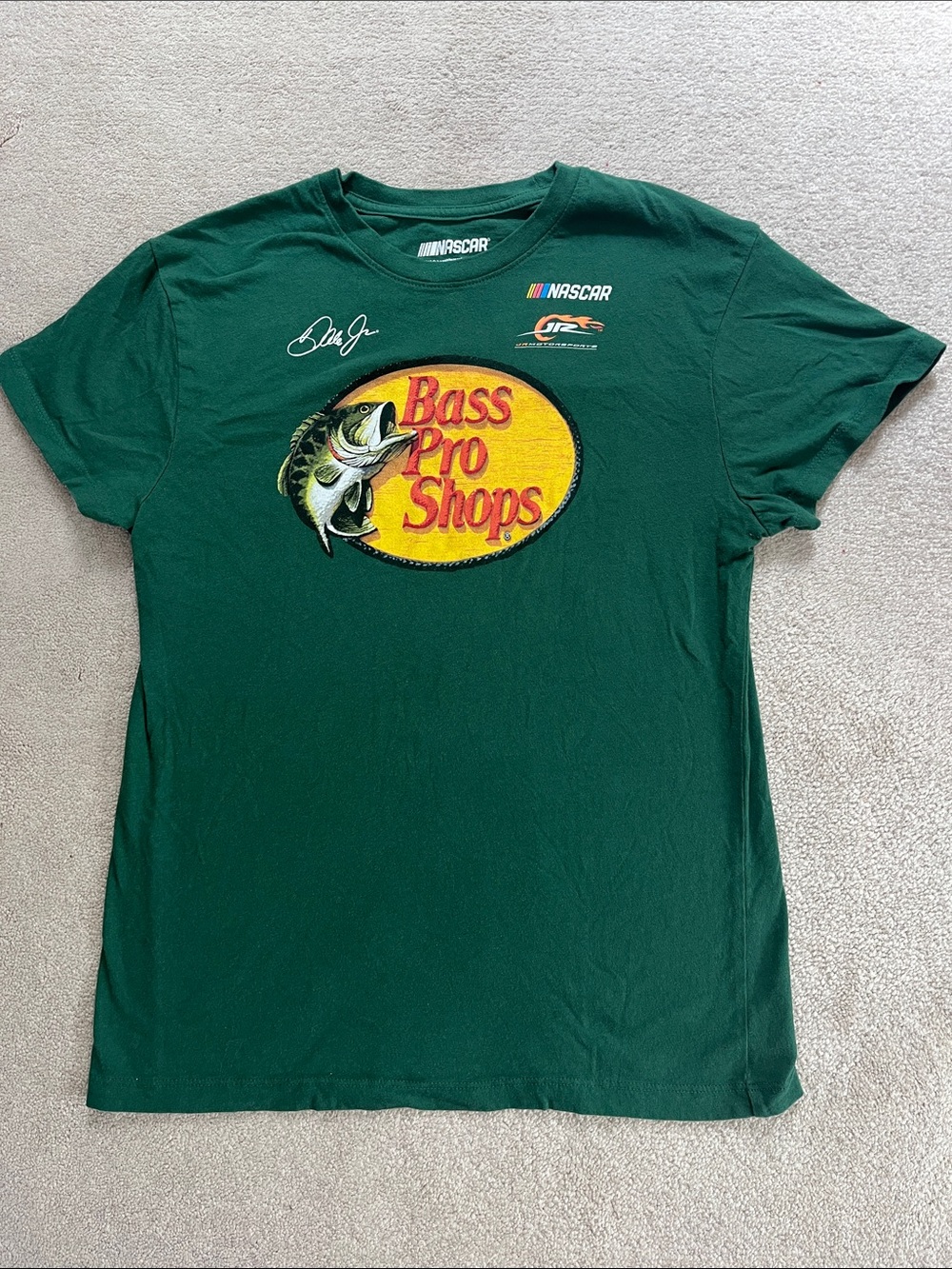 Bass Pro Shops (NASCAR) Dark Green Logo Tee with Yellow and Red Graphic